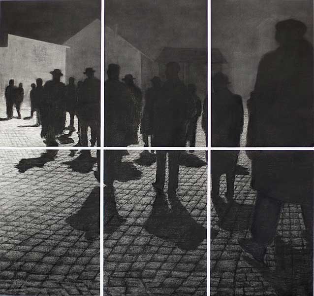 Aus der Serie MUSEUM DER SCHATTEN (SCHICHT), 2007; Öl, Kohle/Papier, 6-teilig, je 100 x 70 cm, gesamt: 200 x 210 cm