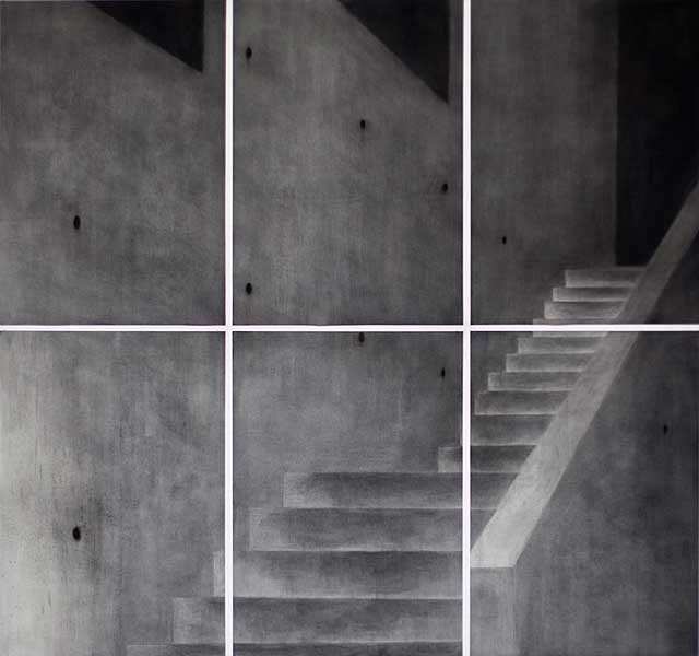 Aus der Serie MUSEUM DER SCHATTEN (TREPPE I), 2007; Öl, Kohle/Papier, 6-teilig, je 100 x 70 cm, gesamt: 200 x 210 cm