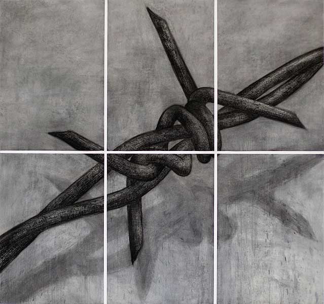 Aus der Serie MUSEUM DER SCHATTEN (STACHELDRAHT), 2007; Öl, Kohle/Papier, 6-teilig, je 100 x 70 cm, gesamt: 200 x 210 cm